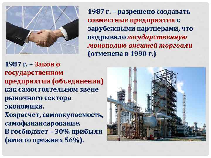 1987 г. – разрешено создавать совместные предприятия с зарубежными партнерами, что подрывало государственную монополию