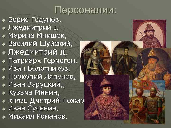 Персоналии: Борис Годунов, u Лжедмитрий I, u Марина Мнишек, u Василий Шуйский, u Лжедмитрий
