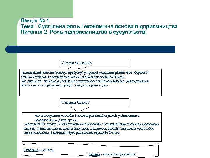 Лекція № 1. Тема : Суспільна роль і економічна основа підприємництва Питання 2. Роль