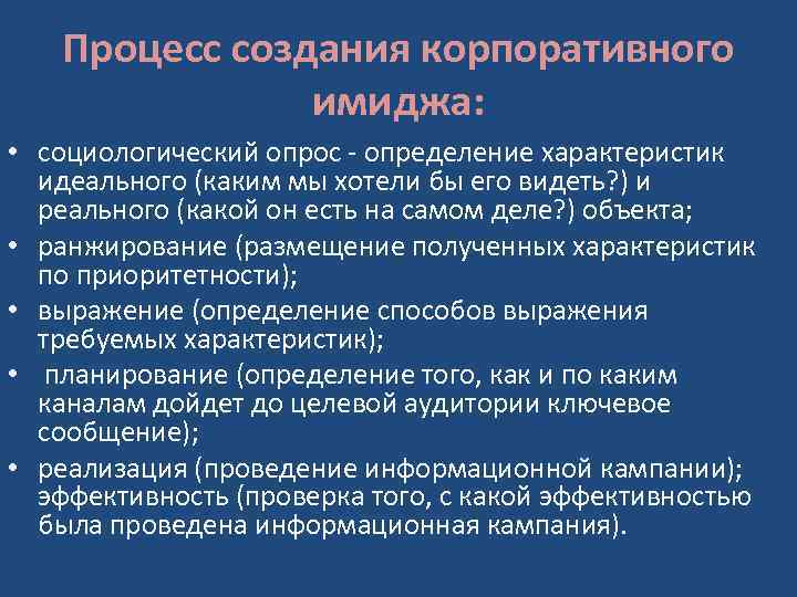 Процесс создания корпоративного имиджа: • социологический опрос - определение характеристик идеального (каким мы хотели