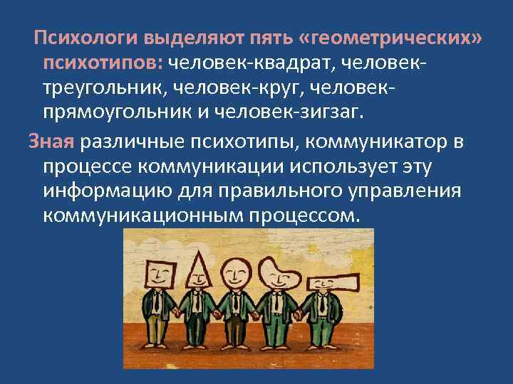  Психологи выделяют пять «геометрических» психотипов: человек-квадрат, человектреугольник, человек-круг, человекпрямоугольник и человек-зигзаг. Зная различные