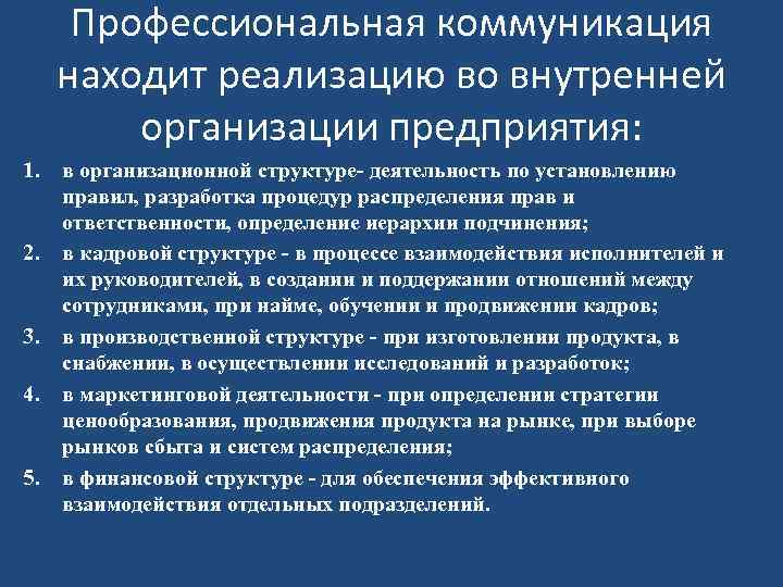 Профессиональная коммуникация находит реализацию во внутренней организации предприятия: 1. 2. 3. 4. 5. в