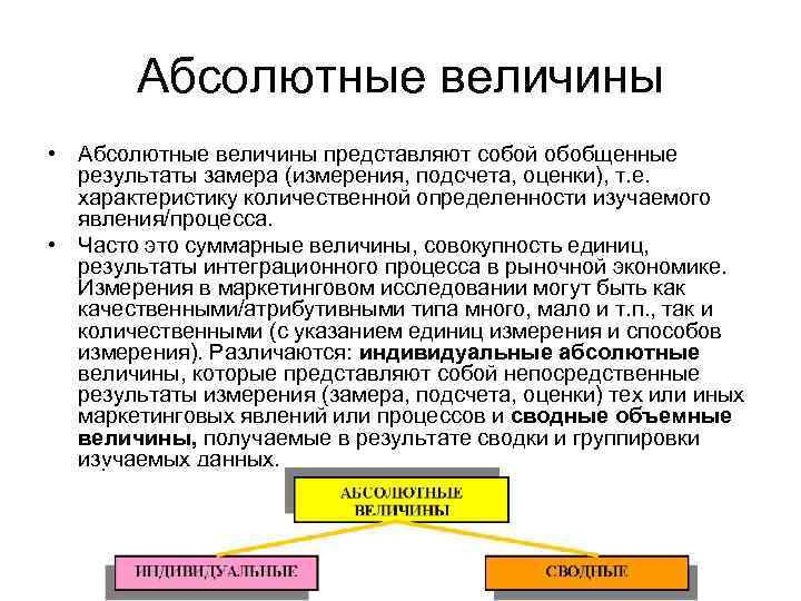 Абсолютные величины • Абсолютные величины представляют собой обобщенные результаты замера (измерения, подсчета, оценки), т.