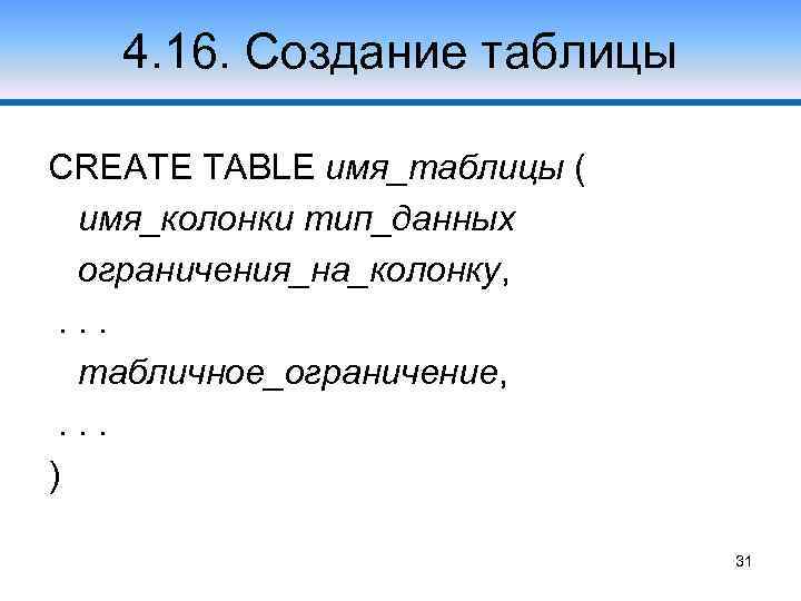 4. 16. Создание таблицы CREATE TABLE имя_таблицы ( имя_колонки тип_данных ограничения_на_колонку, . . .