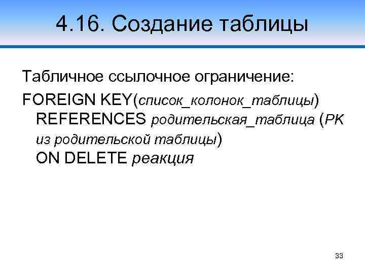 4. 16. Создание таблицы Табличное ссылочное ограничение: FOREIGN KEY(список_колонок_таблицы) REFERENCES родительская_таблица (PK из родительской