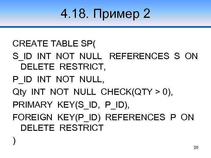 4. 18. Пример 2 CREATE TABLE SP( S_ID INT NOT NULL REFERENCES S ON