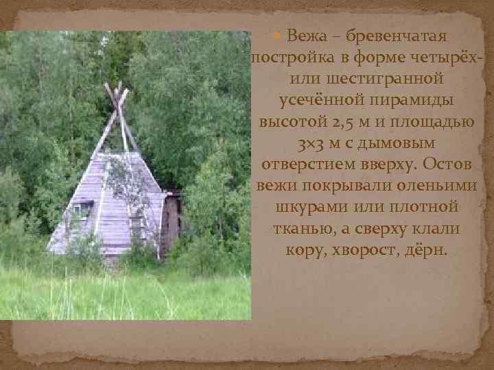  Вежа – бревенчатая постройка в форме четырёхили шестигранной усечённой пирамиды высотой 2, 5