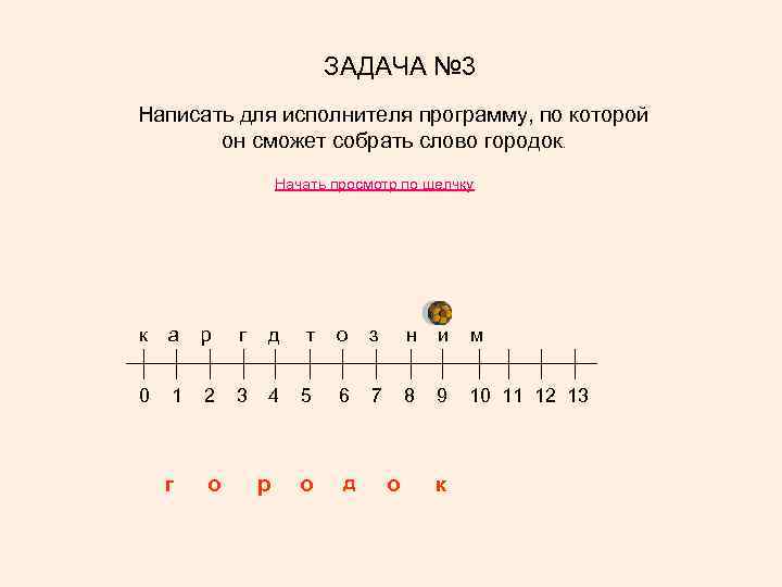 ЗАДАЧА № 3 Написать для исполнителя программу, по которой он сможет собрать слово городок.
