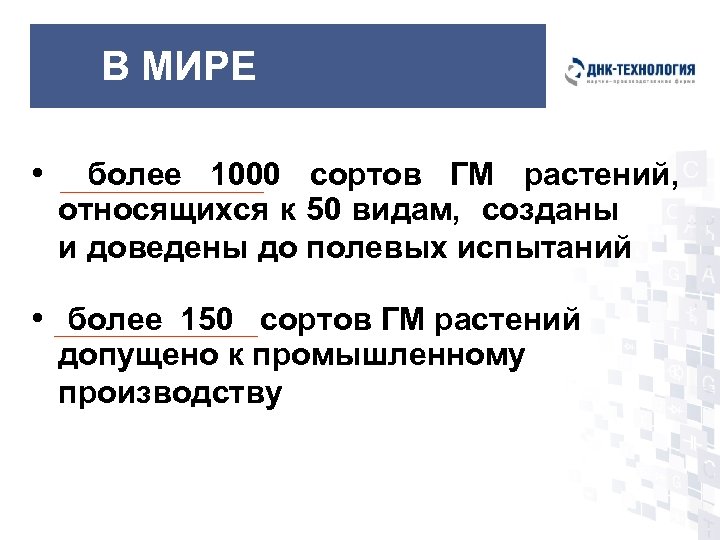 В МИРЕ • более 1000 сортов ГМ растений, относящихся к 50 видам, созданы и