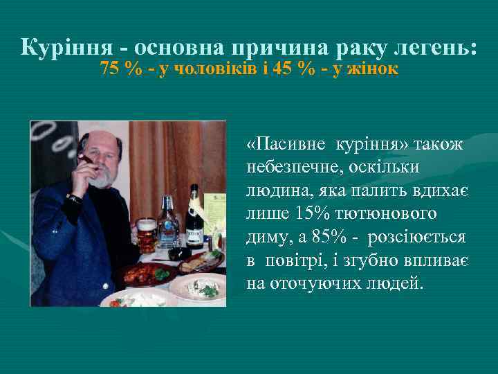 Куріння - основна причина раку легень: 75 % - у чоловіків і 45 %