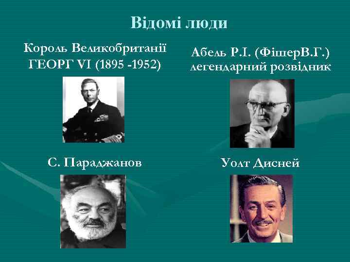 Відомі люди Король Великобританії ГЕОРГ VI (1895 -1952) Абель Р. І. (Фішер. В. Г.