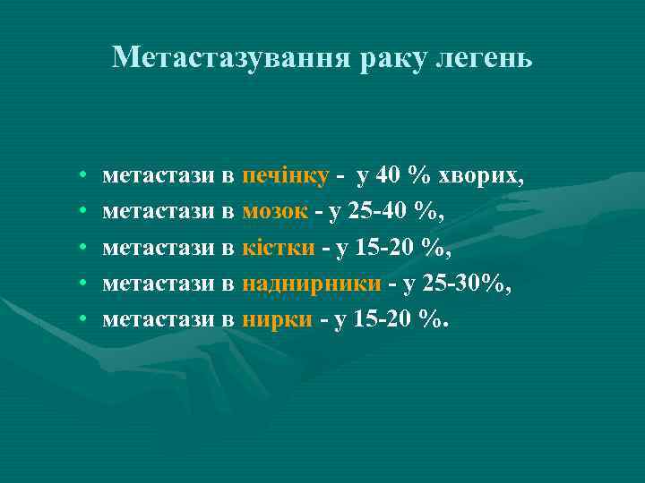 Метастазування раку легень • • • метастази в печінку - у 40 % хворих,