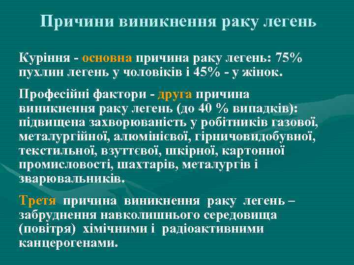 Причини виникнення раку легень Куріння - основна причина раку легень: 75% пухлин легень у