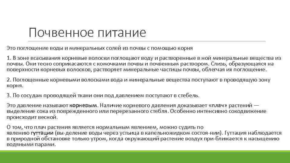 Почвенное питание Это поглощение воды и минеральных солей из почвы с помощью корня 1.