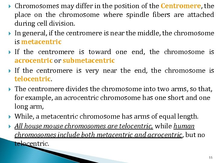  Chromosomes may differ in the position of the Centromere, the place on the