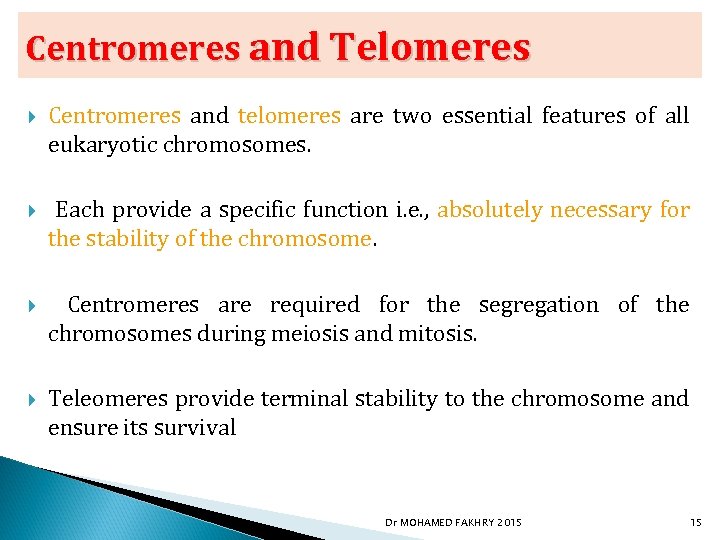 Centromeres and Telomeres Centromeres and telomeres are two essential features of all eukaryotic chromosomes.