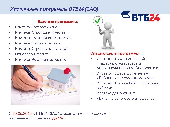 Ипотечные программы ВТБ 24 (ЗАО) • • Базовые программы: Ипотека. Готовое жилье Ипотека. Строящееся