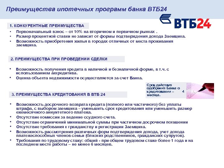 Преимущества ипотечных программ банка ВТБ 24 1. КОНКУРЕНТНЫЕ ПРЕИМУЩЕСТВА • Первоначальный взнос – от