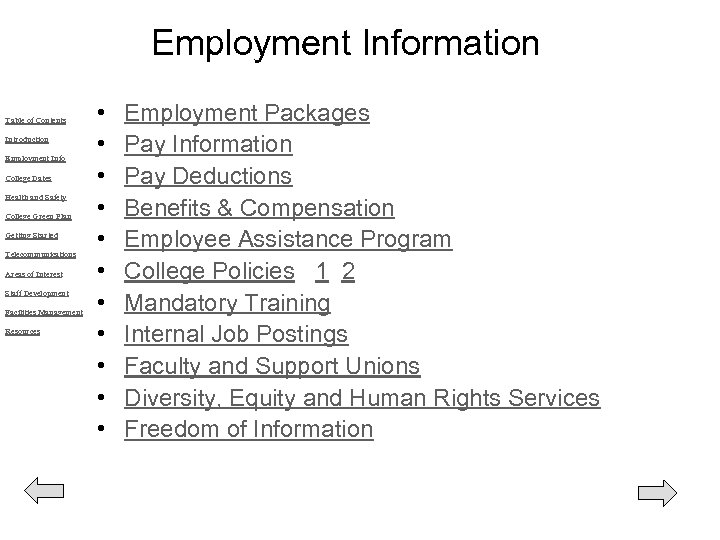 Employment Information Table of Contents Introduction Employment Info College Dates Health and Safety College