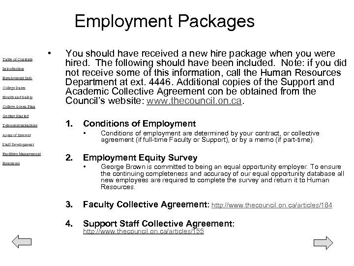 Employment Packages Table of Contents Introduction Employment Info College Dates Health and Safety College