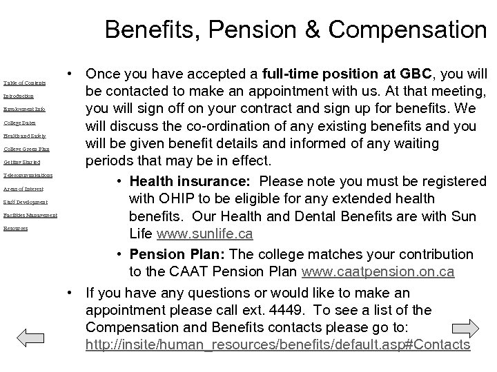 Benefits, Pension & Compensation Table of Contents Introduction Employment Info College Dates Health and