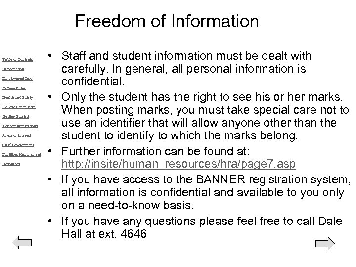 Freedom of Information Table of Contents Introduction Employment Info College Dates Health and Safety