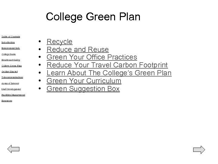 Supporting the College Green Plan Table of Contents Introduction Employment Info College Dates Health