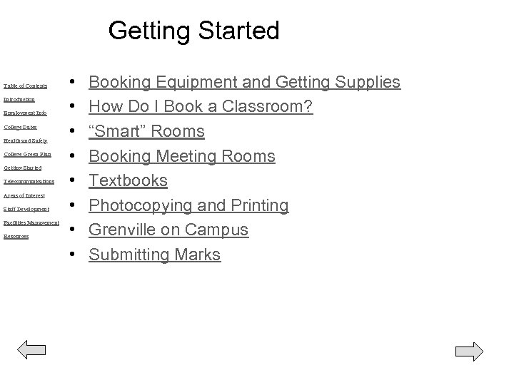 Getting Started Table of Contents Introduction Employment Info College Dates Health and Safety College
