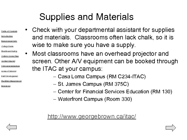 Booking Rooms, Equipment, Supplies and Materials Table of Contents Introduction Employment Info College Dates