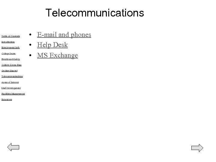 Telecommunications Table of Contents Introduction Employment Info College Dates Health and Safety College Green