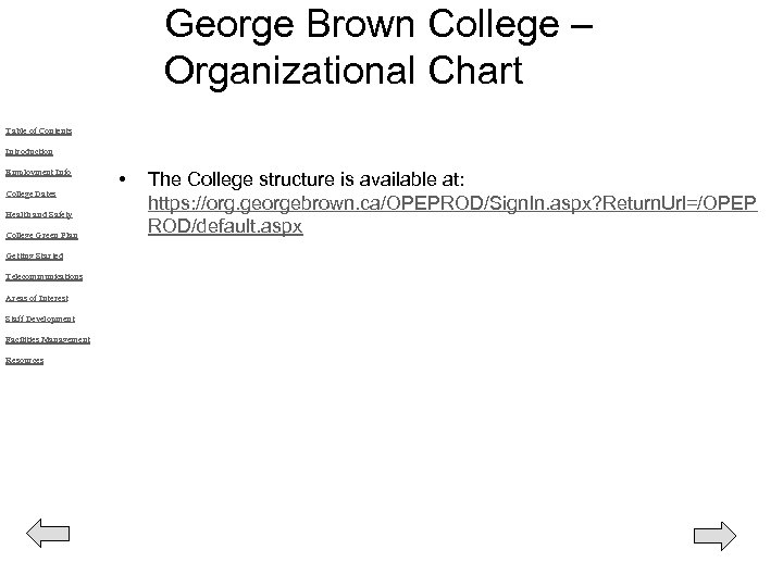 George Brown College – Organizational Chart Table of Contents Introduction Employment Info College Dates