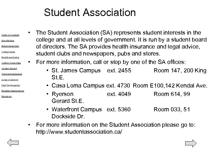 Student Association Table of Contents Introduction Employment Info College Dates Health and Safety College