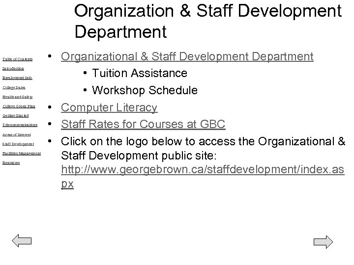 Organization & Staff Development Department Table of Contents Introduction Employment Info College Dates Health