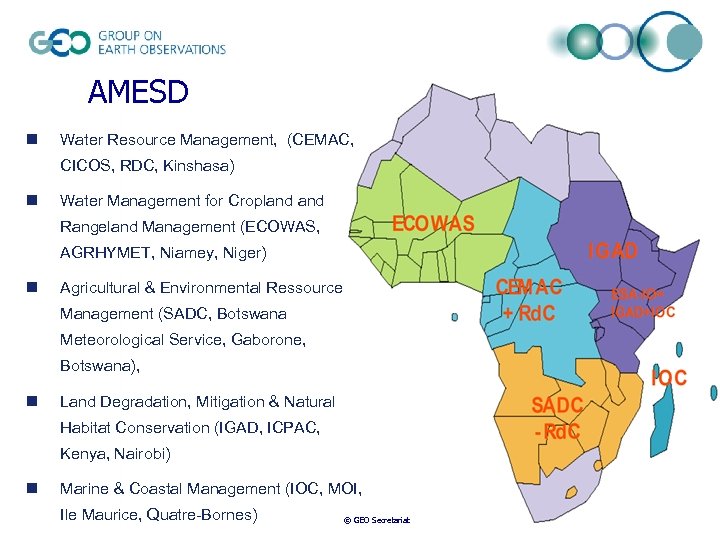 AMESD n Water Resource Management, (CEMAC, CICOS, RDC, Kinshasa) n Water Management for Cropland