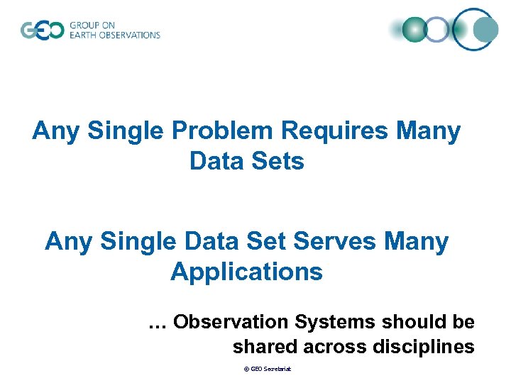 Any Single Problem Requires Many Data Sets Any Single Data Set Serves Many Applications
