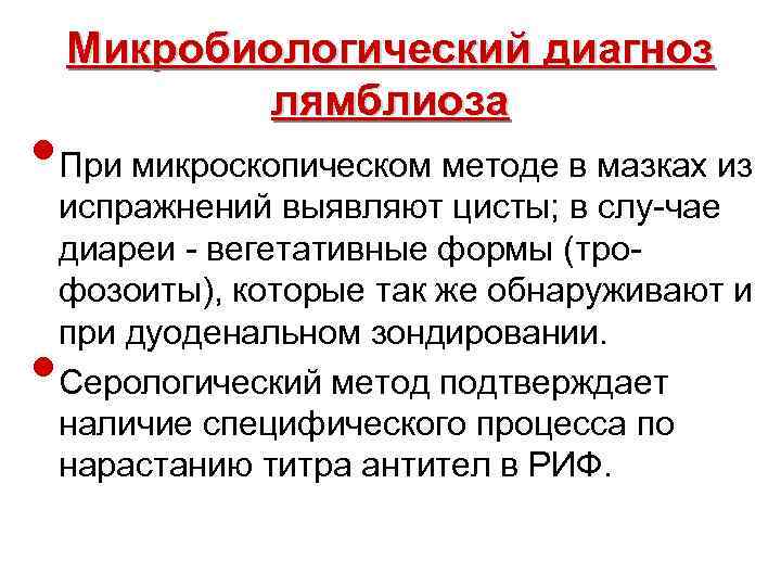 Микробиологический диагноз лямблиоза • При микроскопическом методе в мазках из • испражнений выявляют цисты;