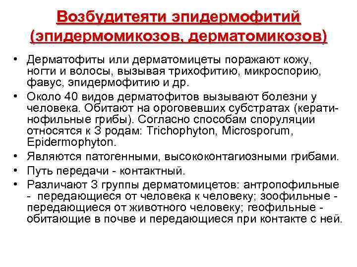 Возбудитеяти эпидермофитий (эпидермомикозов, дерматомикозов) • Дерматофиты или дерматомицеты поражают кожу, ногти и волосы, вызывая