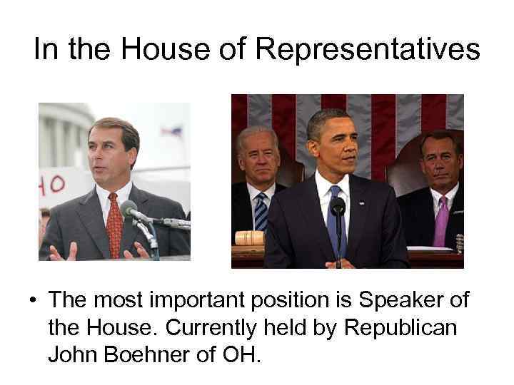 In the House of Representatives • The most important position is Speaker of the