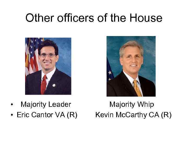 Other officers of the House • Majority Leader • Eric Cantor VA (R) Majority