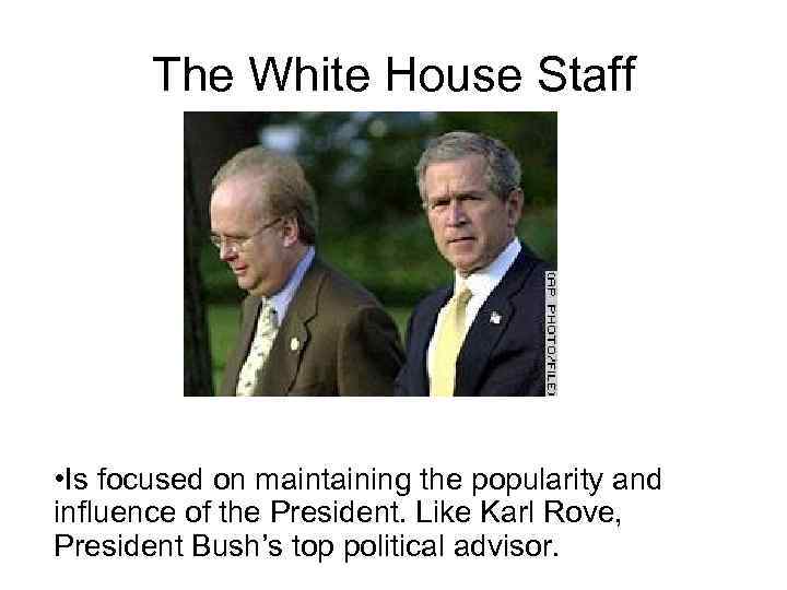 The White House Staff • Is focused on maintaining the popularity and influence of