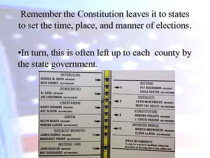Remember the Constitution leaves it to states to set the time, place, and manner