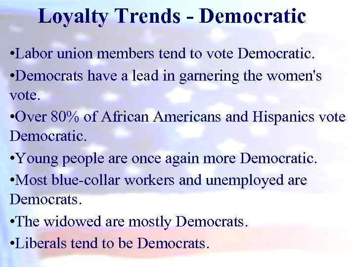 Loyalty Trends - Democratic • Labor union members tend to vote Democratic. • Democrats