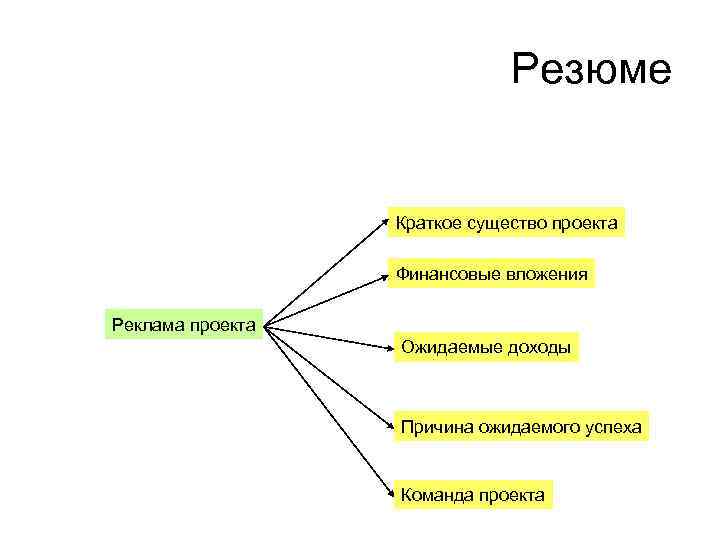Резюме Краткое существо проекта Финансовые вложения Реклама проекта Ожидаемые доходы Причина ожидаемого успеха Команда