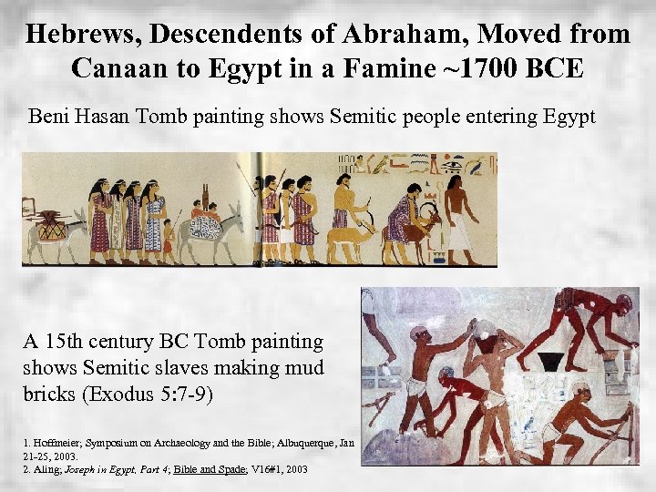 Hebrews, Descendents of Abraham, Moved from Canaan to Egypt in a Famine ~1700 BCE