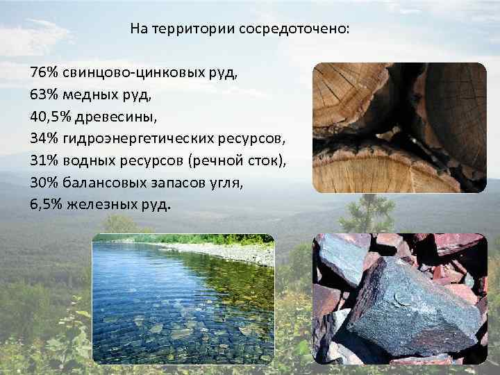 На территории сосредоточено: 76% свинцово-цинковых руд, 63% медных руд, 40, 5% древесины, 34% гидроэнергетических