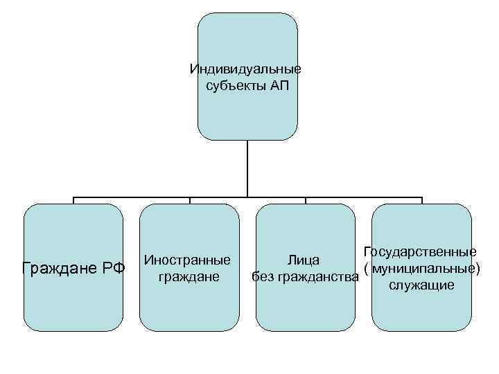 Индивидуальные субъекты АП Граждане РФ Иностранные граждане Государственные Лица ( муниципальные) без гражданства служащие