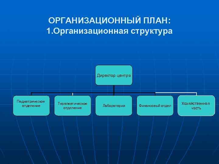 ОРГАНИЗАЦИОННЫЙ ПЛАН: 1. Организационная структура Директор центра Педиатрическое отделение Терапевтическое отделение Лаборатория Финансовый отдел