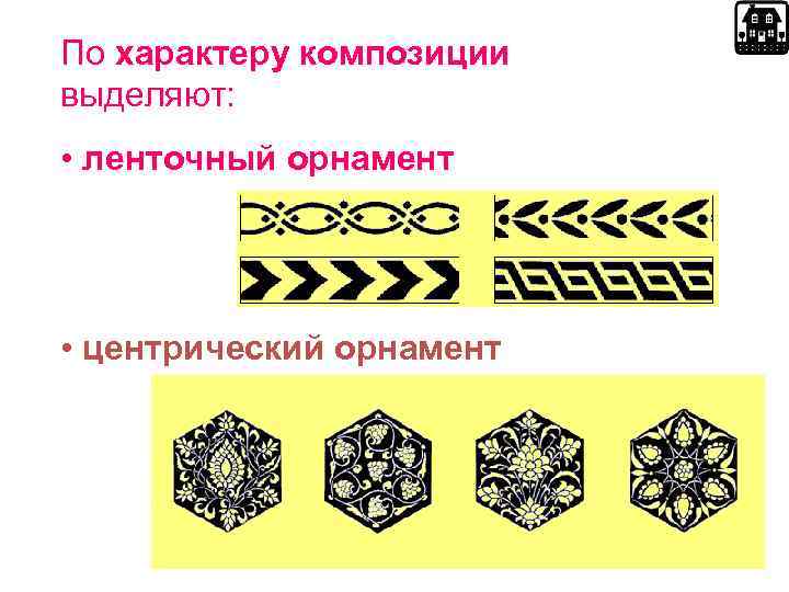 По характеру композиции выделяют: • ленточный орнамент • центрический орнамент 