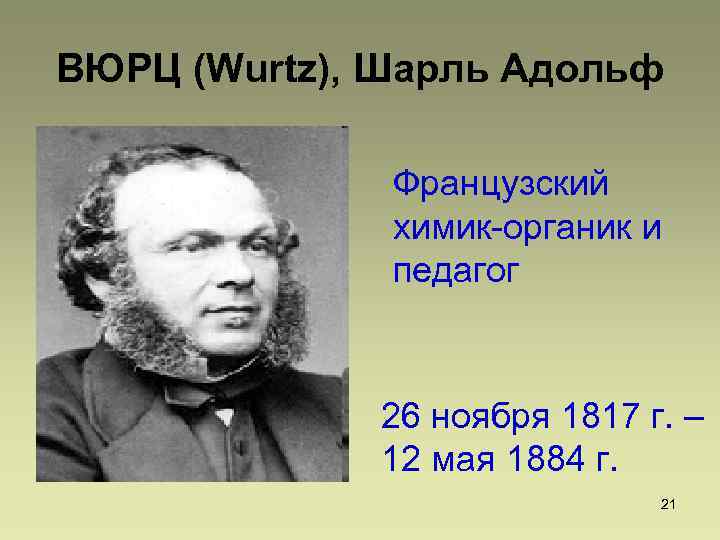 ВЮРЦ (Wurtz), Шарль Адольф Французский химик-органик и педагог 26 ноября 1817 г. – 12