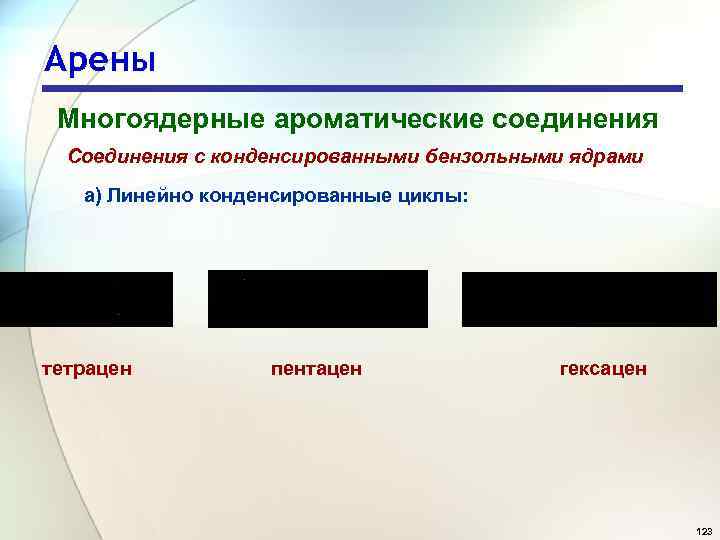 Арены Многоядерные ароматические соединения Соединения с конденсированными бензольными ядрами а) Линейно конденсированные циклы: тетрацен